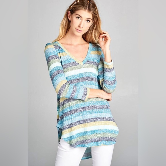 Striped V-Neck Ribbed Top - Picture 4 of 5